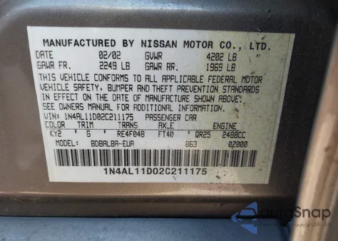 2002 Nissan Altima 2.5 S z USA, uszkodzony, nr VIN 1N4AL11D02C211175